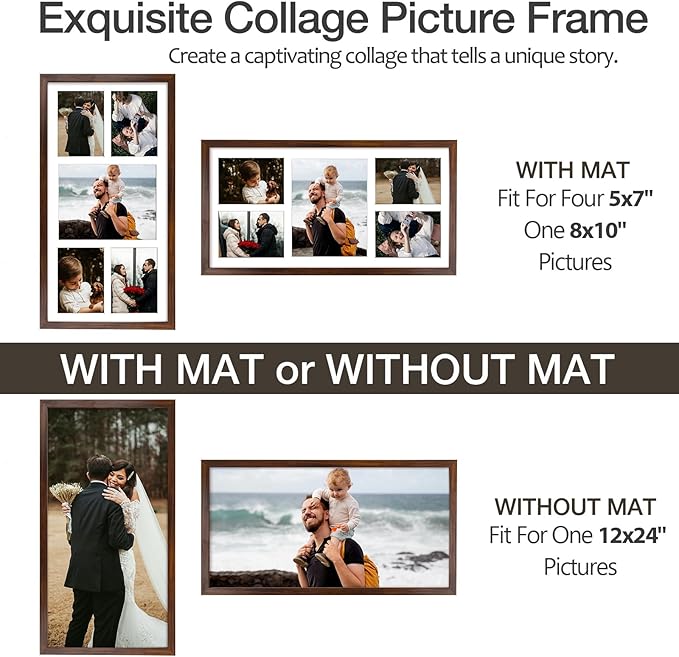 Golden State Art 12x24 Brown Wood Picture Frame - White Mat for 8x10 and 5x7 Photos - Real Glass, Sawtooth Hanger, Swivel Tabs - Wall Mounting - Great for Posters, Weddings, and Engagements