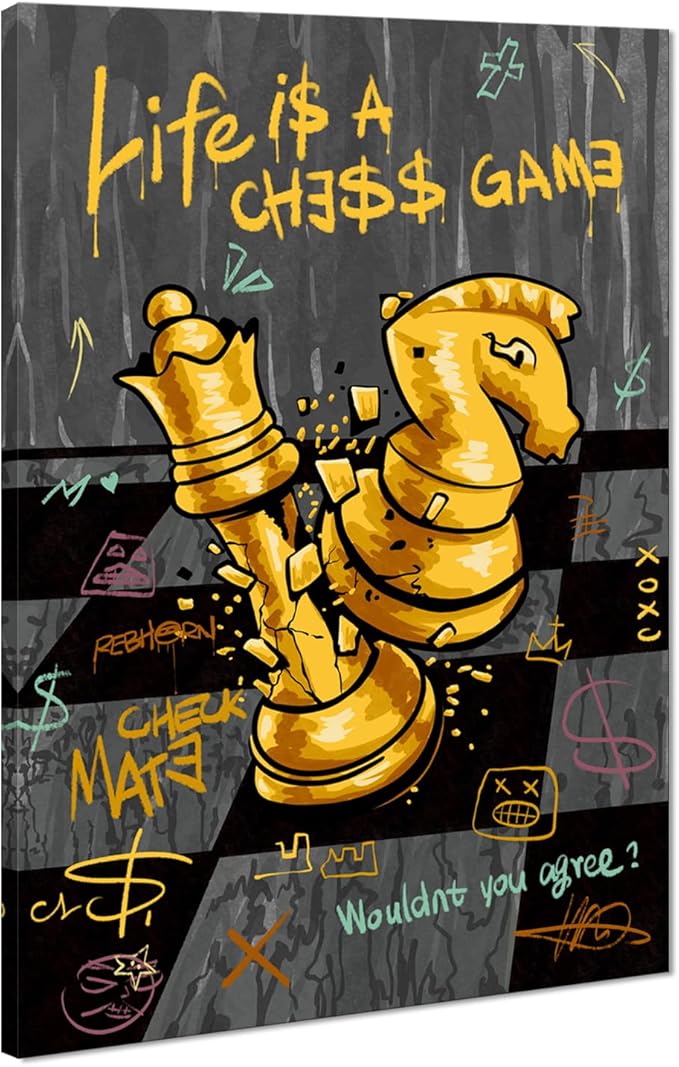 Office Wall Art - Black Gold Chess Picture LIFE IS A CHESS GAME Canvas Print Inspirational Wall Decor Motivational Poster Entrepreneur Artwork Modern Home Decoration, Ready to Hang 24 x 36 in Framed