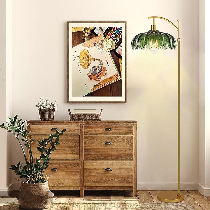 Gold Floor Lamp for Living Room Bedroom with Remote,Unique Vintage Standing Tall Lamp,Mid Century Modern Floor Lamps with Dimmable Bulb,Arc Green Glass Floor Lamps for Office Corner