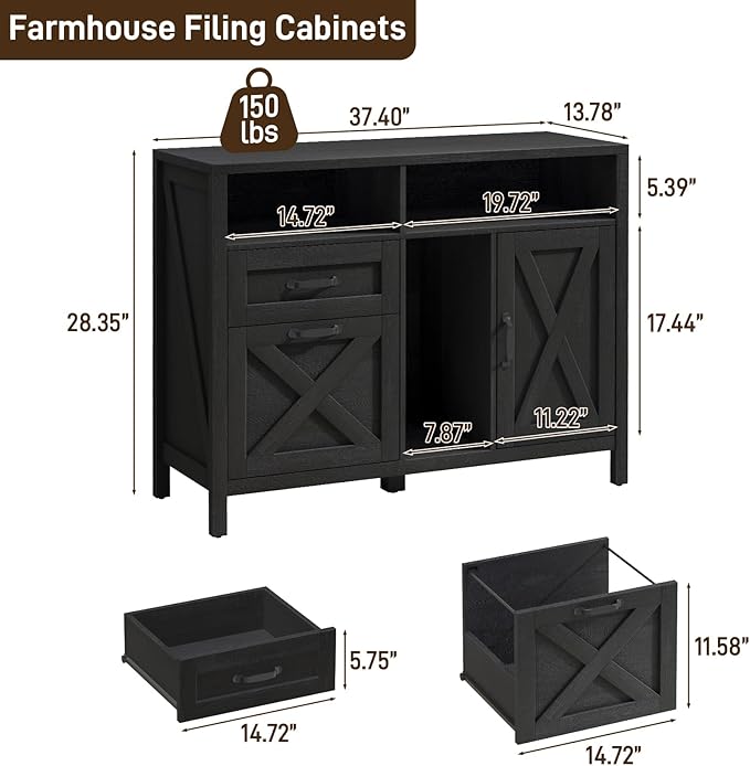 Vabches Lateral File Cabinet, Farmhouse 2 Drawer File Cabinet with Open Storage Shelf for Letter/A4 Size Hanging Files, Large Wood File Storage Cabinets Printer Stand for Home Office, Black