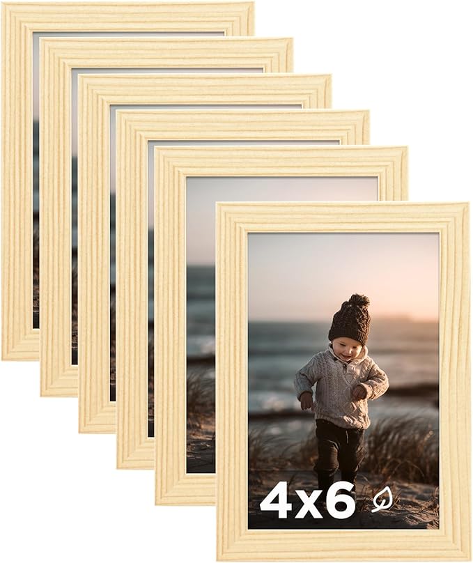 KINLINK 4x6 Picture Frame Wood Grain Set of 6, Wooden Photo Frames with Plexiglass for 4x6 without Mat for Table and Wall Display