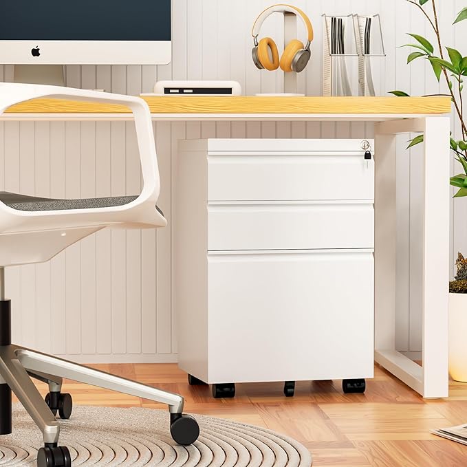Oakcloud 3 Drawer Moveable File Cabinet for Home Office, Mobile Filing With Wheels, Roller Metal Vertical Storage for A4/F4/Letter/Legal Size, Easy Assemble (Mobile-White)