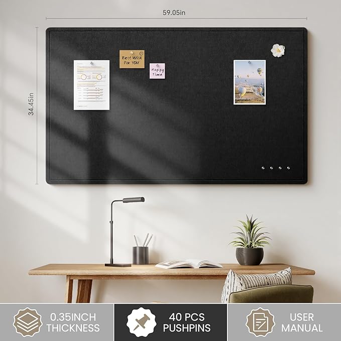 Bulletin Board, 60 X 35 inches Decorative Felt Cork Board Alternative with Pushpins, Foldable Felt Notice Pin Board Photo Display Board for Office Home School Wall