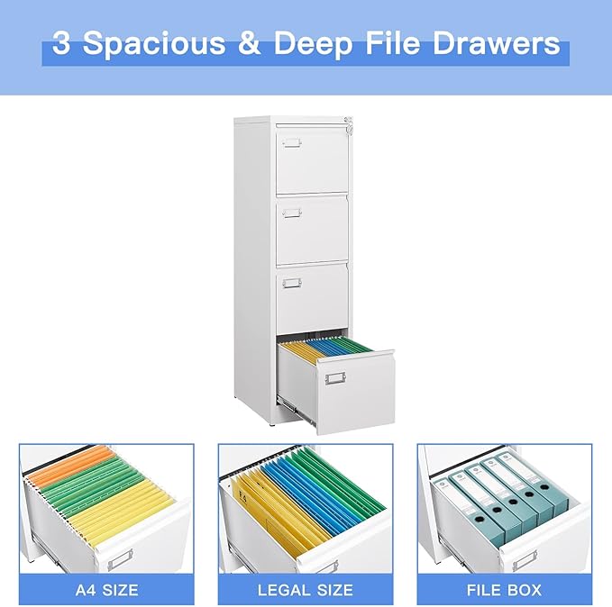 Yizosh 4 Drawer White File Cabinet with Lock, Filing Cabinets for Home Office, Metal Locking Office File Storage Cabinets with Drawers, Vertical Small Filing Cabinet Organizer for Legal/A4