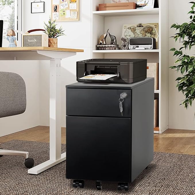 2 Drawer Mobile File Cabinet for Storage Under Desk in Home Office, Mobile File Cabinet, Metal File Cabinet with Lock, Legal/Letter /A4/F4 Size, Fully Assembled, Including Wheels, Black