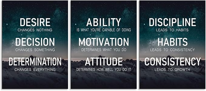 Inspirational Wall Art “The Elements of Success:Discipline-Habits-Consistency-Attitude -Determination” Positive Quotes Set of 3 Motivational Posters for Home Gym Bedroom Living Room [36''Wx 16''H]