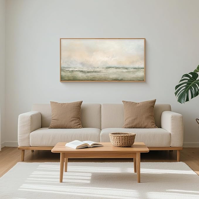 Abstract Natural Landscape Framed Canvas Wall Art Set, Watercolor Tan Green Beige Wall Decor, Minimalist Neutral Modern Scenery Artwork for Living Room, Bedroom,Farmhouse- 40"x20"x1