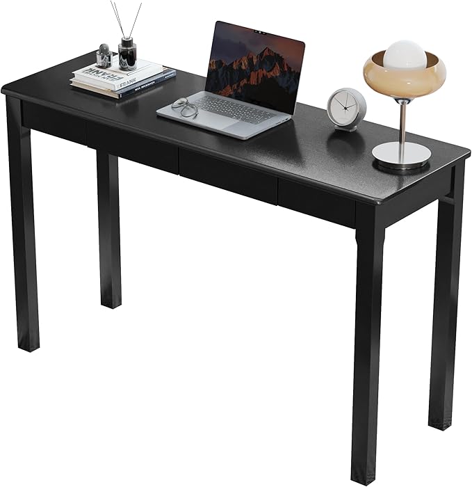 100% Solid Wooden Desk with Drawers - 47 x 16 Inch Modern Narrow Desks, Rubber Wood Study Table, Small Writing Desk for Small Spaces|Bedroom - Black Desks