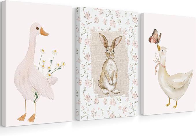 Vintage Nursery Wall Art Goose Canvas Poster Coquette Wall Decor Baby Girl Painting Kids Poster Bunny Rabbit Prints Cute Animal Pictures Duck Artwork for Bedroom Living Room 12x16x3 Inch Ready to Hang