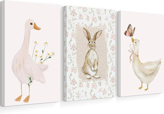 Vintage Nursery Wall Art Goose Canvas Poster Coquette Wall Decor Baby Girl Painting Kids Poster Bunny Rabbit Prints Cute Animal Pictures Duck Artwork for Bedroom Living Room 12x16x3 Inch Ready to Hang