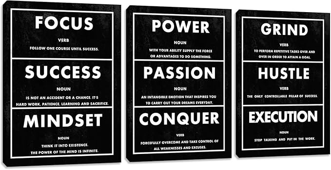 Inspirational Canvas Paintings 3 Pieces Motivational Office Wall Art Success Wall Decor Hustle Quotes Posters Wall Picture Framed Artwork Living Room Bedroom Home Decoration (48" Wx24 H)