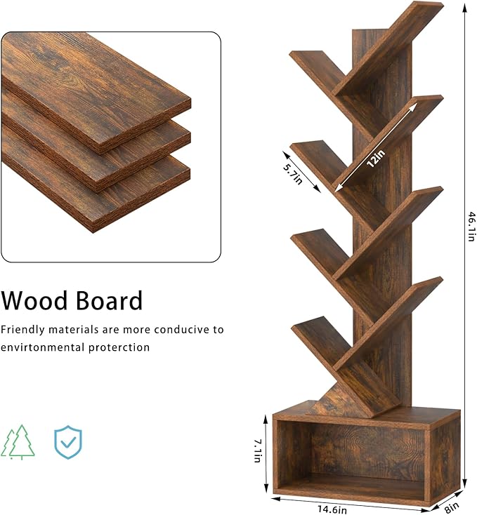 9 Tier Tree Bookshelf,Christmas Green Bookcase for Narrow Space, Storage Organizer Floor Standing Bookshelves for Books, Tall Book Case for Home Office, Living Room, Bedroom