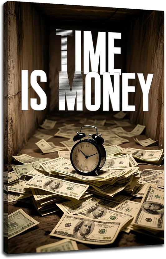 Motivational Canvas Wall Art Inspirational Poster Time Is Money Positive Quotes Poster Print Success Painting Picture Office Bathroom Classroom Office Home Wall Decor Framed [12''Wx18''H]