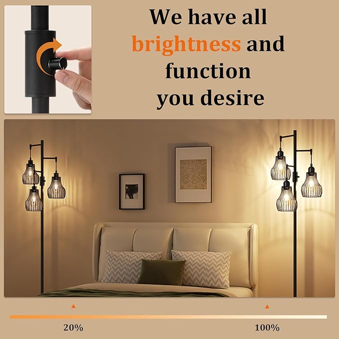 Dimmable Floor Lamp, 3 x 800LM LED Edison Bulbs Included, Farmhouse Industrial Floor Lamp Standing Tree Lamp with Elegant Cage Tall Lamps for Living Room Bedroom Office - Black