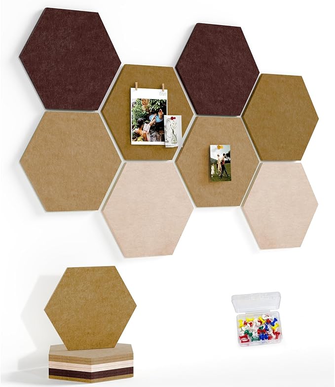 8 Pack Hexagon Felt Bulletin Board Tiles - 11.8" Large Thick Pin Board for Walls with 30 Push Pins, DIY Boards for Office Home School Decor, Aesthetic Hex Cork Board Alternative