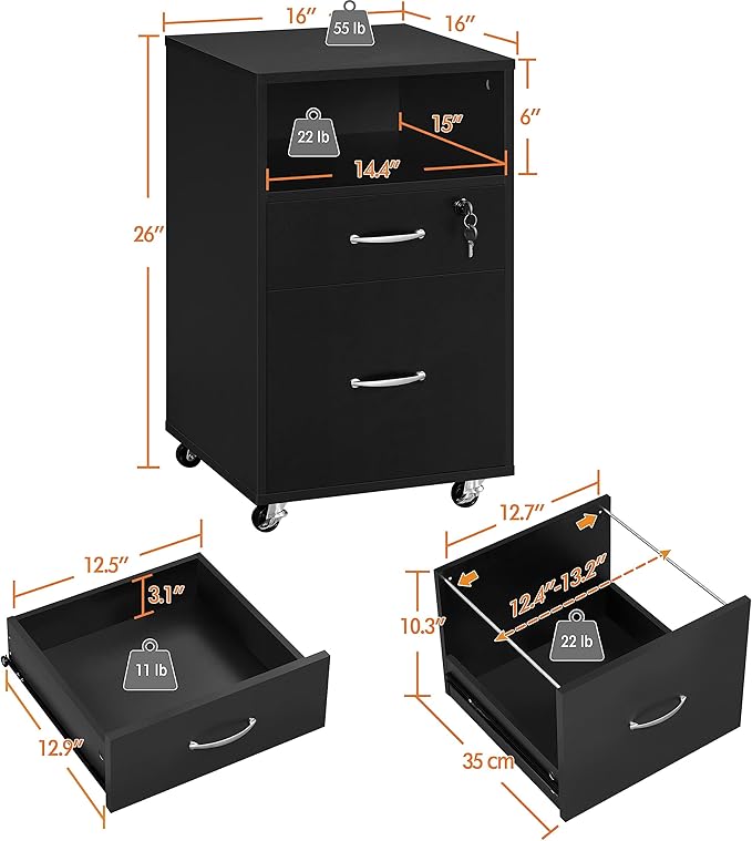 Topeakmart File Cabinet Movable Vertical Filing Cabinet with 2-Drawer and 1-Open Shelf Mobile Letter File Storage Oragnizer Lateral File Srorage on Wheels, for A4/ Legal/Letter Black
