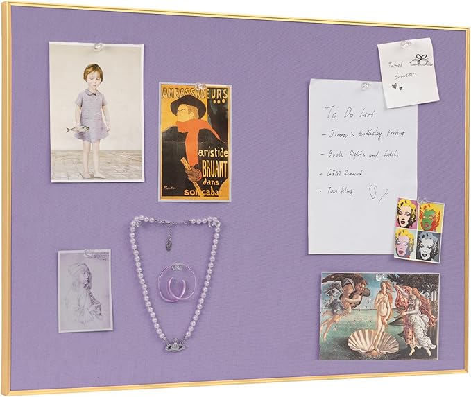 Bulletin Board 16 x 12 inches, Mystic Violet Pin Board, Golden Aluminum Framed Fabric Cork Board with 10 Push Pins