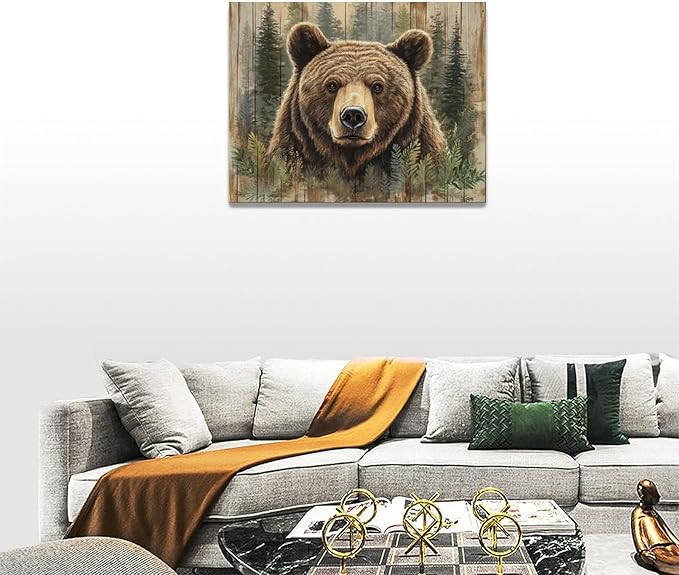 Farmhouse Bear Wall Art Rustic Forest Pictures Decor Woodland Wildlife Painting Canvas Print Modern Home Decoration Artwork for Living Room Bathroom Bedroom Office Framed 16"x12"