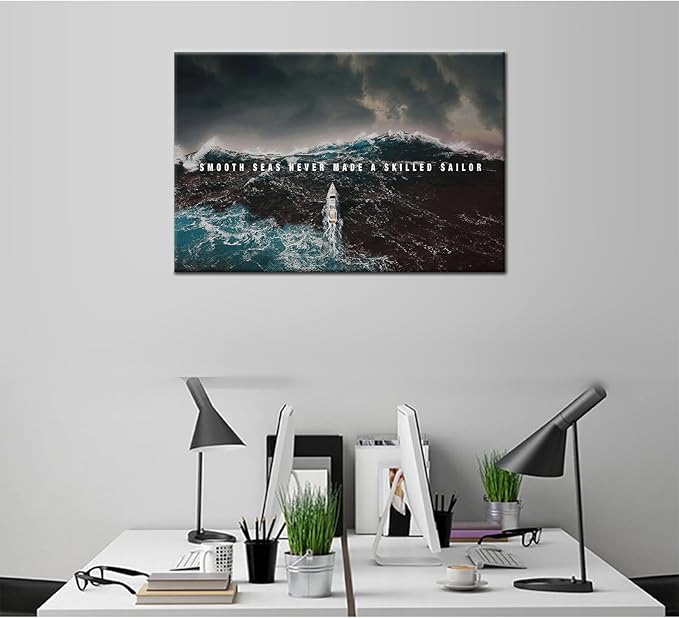 PSYYSP Inspirational Wall Art Canvas Poster Success Smooth Seas Painting Art Positive Motto Office Quotes Picture Print for Home Teen Bedroom Wall Decor Wooden Framed Ready to Hang [18''Wx12''H]
