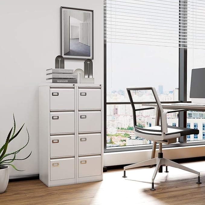 Yizosh 4 Drawer White File Cabinet with Lock, Filing Cabinets for Home Office, Metal Locking Office File Storage Cabinets with Drawers, Vertical Small Filing Cabinet Organizer for Legal/A4