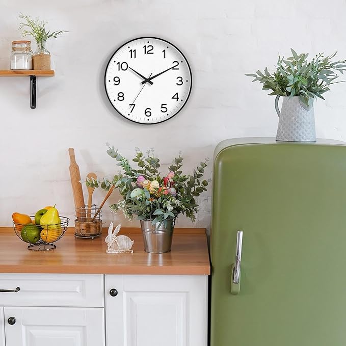 Wall Clock 12 Inch Silent Wall Clocks Battery Operated-Modern Non Ticking Analog Clock Decorative for Kitchen Bedroom Office (Black)