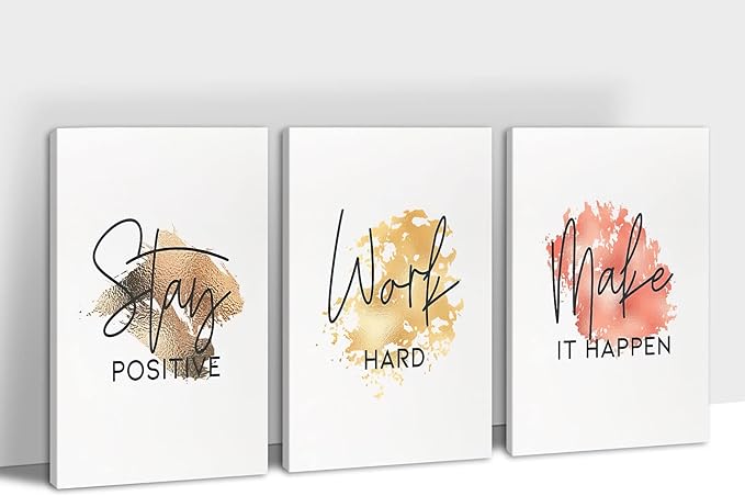 SHMAO Office Canvas Wall Art Motivational Wall Decor, 3 Piece Stay Work Make Print Pictures for Office Wall Decor Women Inspirational Framed Artwork Home Office Decor 12”x18”x3 Panels