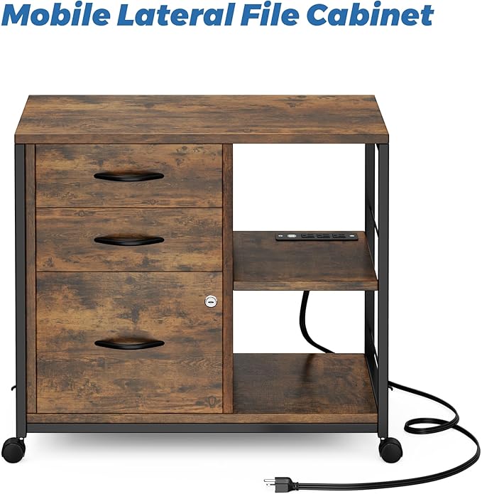Lulive Brown 3 Drawer File Cabinet for Home Office, Lockable with USB Charging Port, Rectangular, 3 Levels, 100 Pound Weight Recommendation