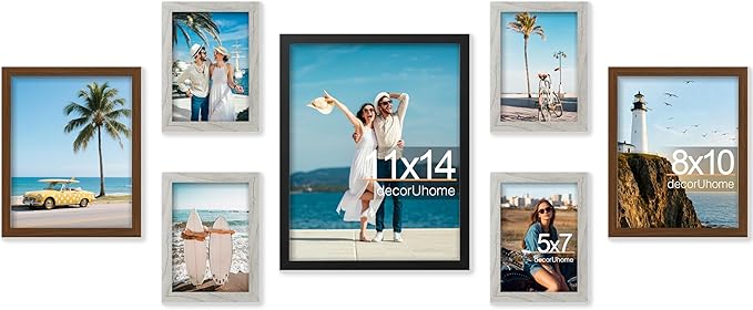 decorUhome Assorted Picture Frames Collage Wall Decor for Photo Gallery Display Set of 7 Including One 11x14 / Two 8x10 / Four 5x7 for Family Wall Decor, Black/Brown/Grey, 7 Pack