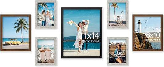 decorUhome Assorted Picture Frames Collage Wall Decor for Photo Gallery Display Set of 7 Including One 11x14 / Two 8x10 / Four 5x7 for Family Wall Decor, Black/Brown/Grey, 7 Pack