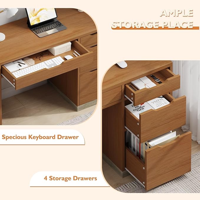 48 Inch Small Desk with 4 Drawers, Computer Desk with Storage File Drawer for Bedroom, Home Office Desk with Storage for Small Space, Brown