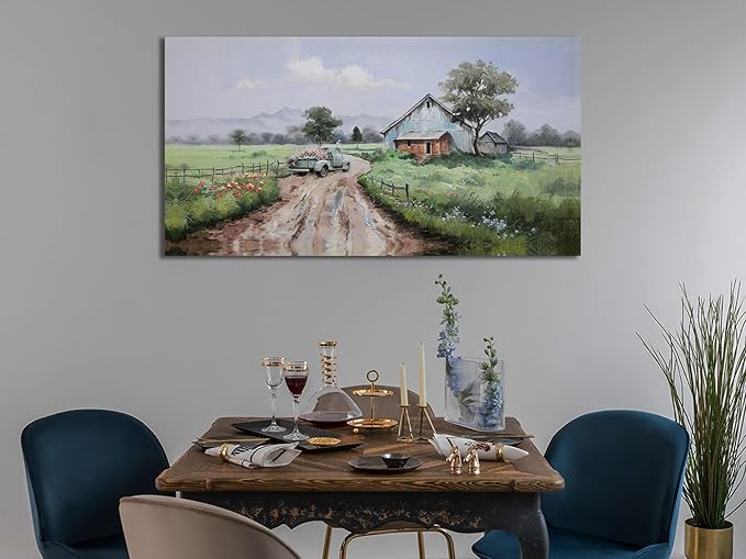 Arjun Landscape Wall Art Canvas Farmhouse Pictures Wall Decor for Living Room, Nature Farm Painting Green Countryside Barn Bedroom Picture Artwork Framed Home Office Wall Decor, Large 48"x24"