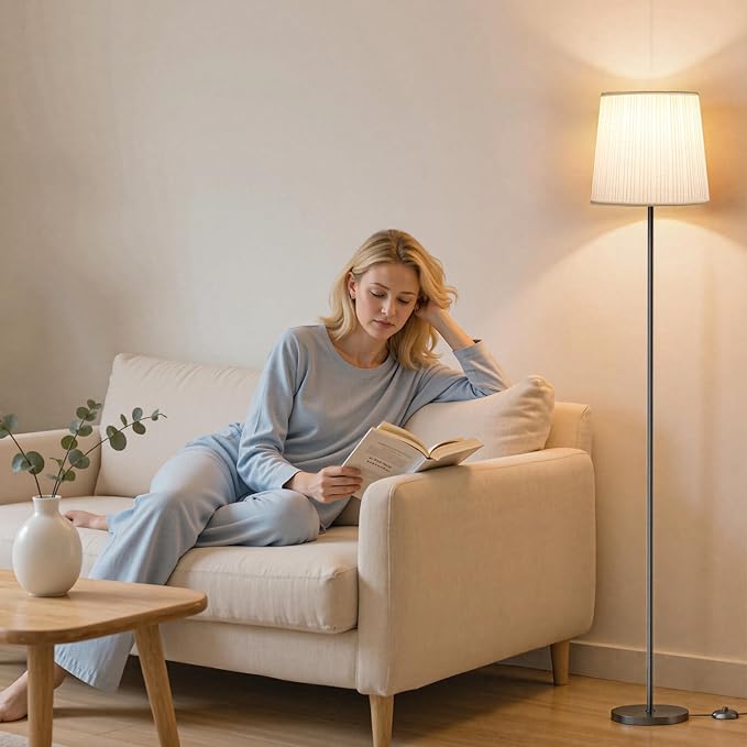 Floor Lamp with Pleated Shade - 62'' LED Standing Lamp with Foot Switch & Night Light, 3 Color Temps, 9W E26 Bulb Included, Modern Corner Lamp for Bedroom Living Room Office Reading, Black