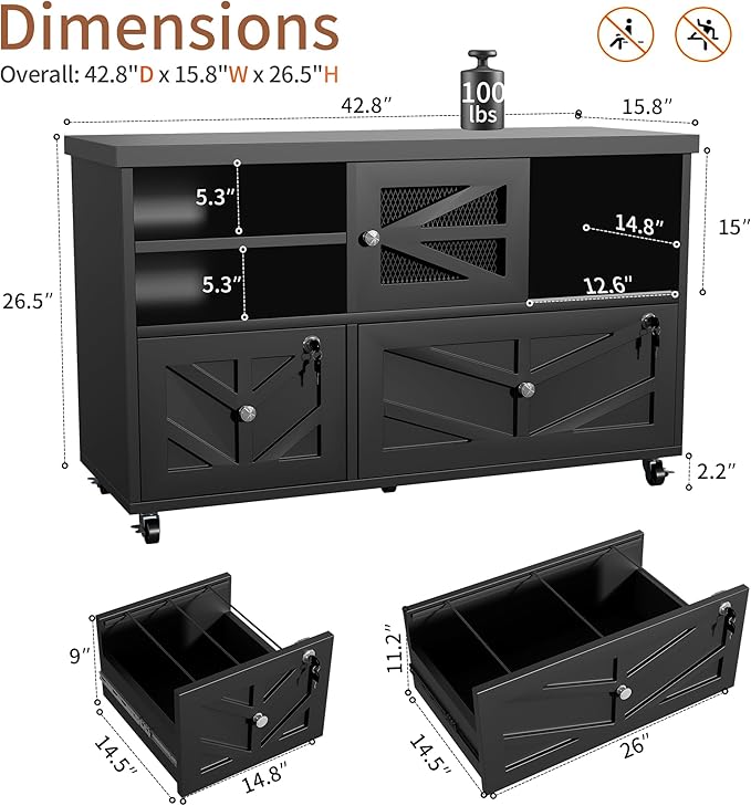 Semoic Black Lateral File Cabinet with Lock, 2 Drawer Rolling Filing Cabinet for Home Office, Mobile Storage Cabinet with Open Shelves & Sliding Door, Fits Legal/Letter/A4 Files, Herringbone Design