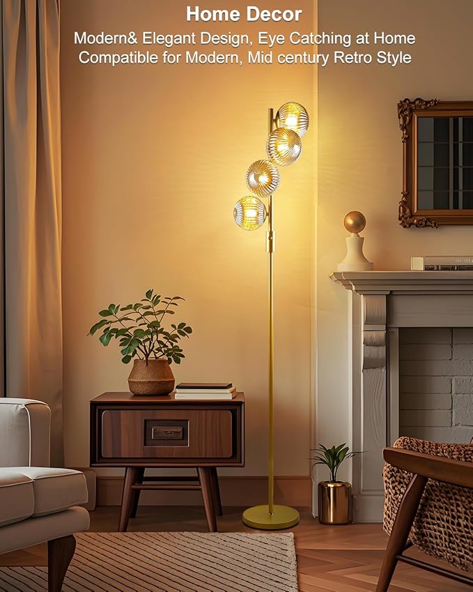 Lightdot 64IN Dimmable Floor Lamp with Glass Globe Shade, Modern Gold Standing Lamps with 4PCS Bulbs Included Soft Warm White Eye Care, Mid Century Floor Lamp for Living Room/Sofa Beside/Corner Decor