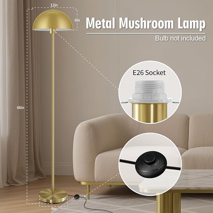 Modern Floor Lamps for Living Room, Gold Metal Mushroom Lamp, 66" Tall Corner Lamp, Footswitch, Bright Industrial Standing Lamps for Bedroom Nursery, Mid Century Modern Home Decor(E26 Base, NO BULB)