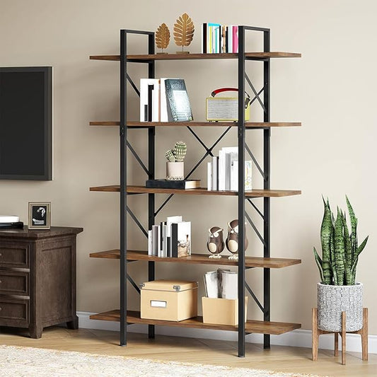 YITAHOME 5 Tier Bookshelf, Large Bookcase Industrial Book Shelf Storage Organizer, Free Standing Storage Shelving Unit for Living Room, Bedroom,Home Office, Rustic Brown