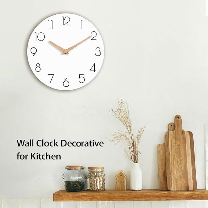 Wall Clock, 12 Inch Wooden Silent Non-Ticking, Decorative Battery Operated Wall Clocks for Bedroom, Kitchen, Home, Living Room, Office, School, Hotel (White)