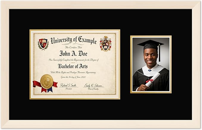 CountryArtHouse Fits 11 x 8.5 US Letter Certificate and 5 x 7 Photo Diploma and Photo Frame Coastal Whitewash Genuine Hardwood with Black Over Metallic Gold Double mat