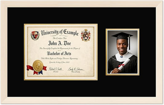 CountryArtHouse Fits 11 x 8.5 US Letter Certificate and 5 x 7 Photo Diploma and Photo Frame Coastal Whitewash Genuine Hardwood with Black Over Metallic Gold Double mat