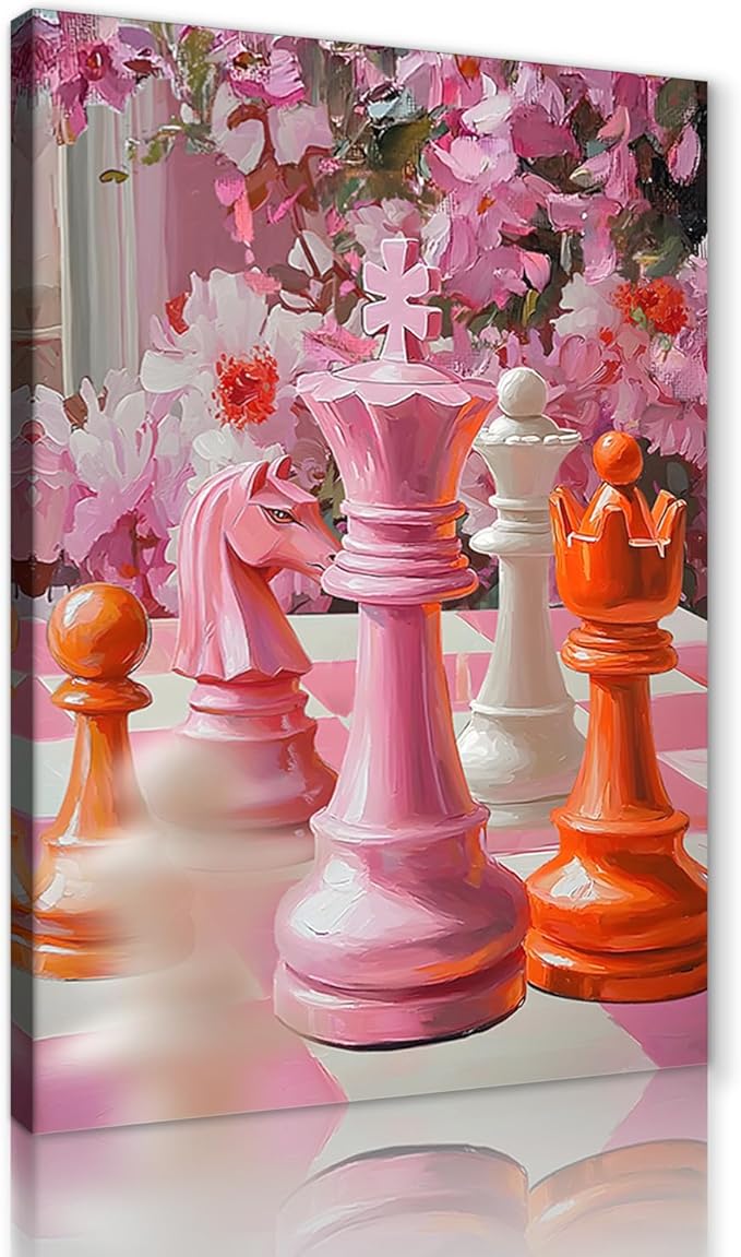 Chess Piece Wall Art - Pink Canvas Paitning Chess Pictures Wall Decor Colorful Chessboard Artwork Trendy Prints Modern Poster for Game Room Bathroom Living Room Bedroom Office, Framed 24"x36"