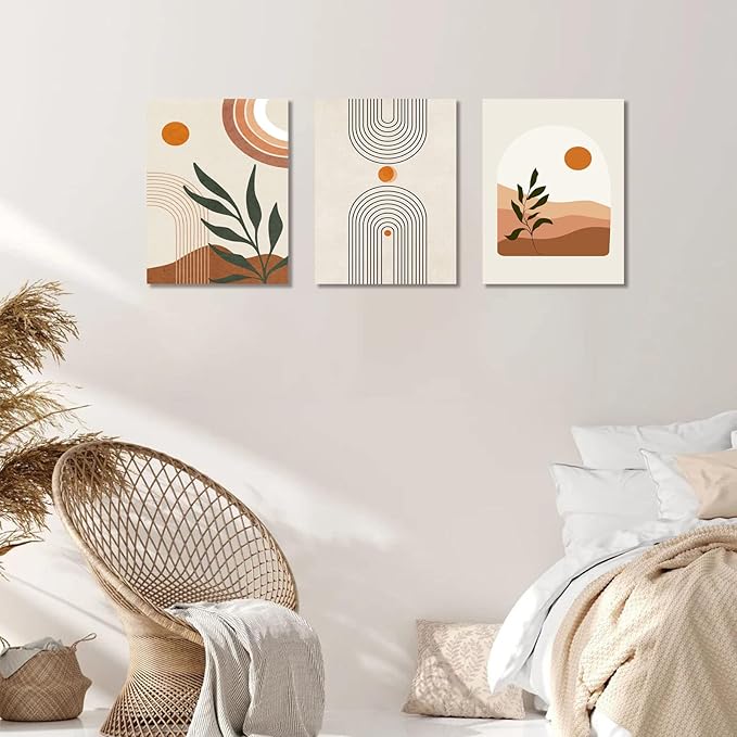 Boho Wall Art Set of 3, MidCentury Modern Wall Prints Framed Canvas Paintings Minimalist Abstract Geometric Beige Orange Moon Plant Desert Nature Illustrations Artwork, Boho Wall Decor Ready To Hang