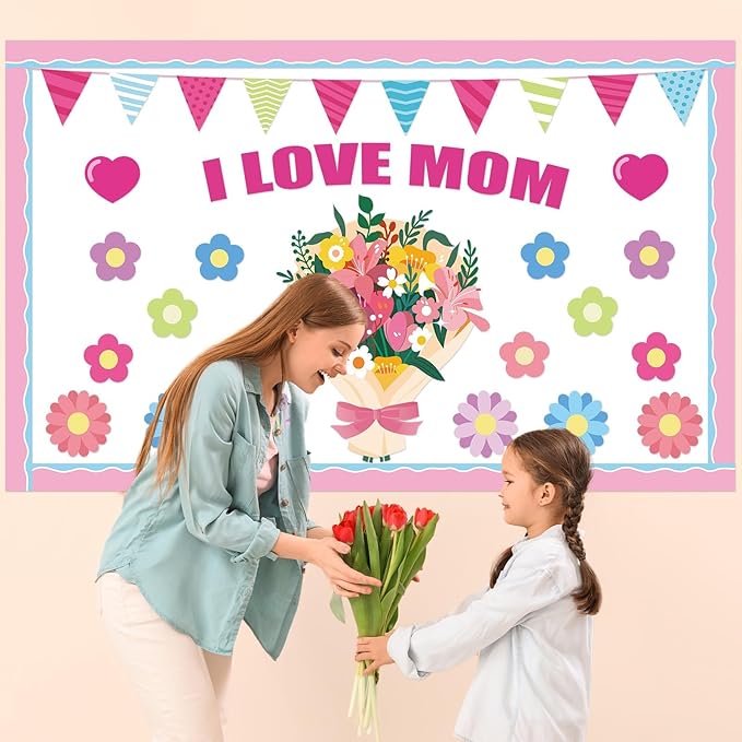 Mother's Day Bulletin Board Set I Love Mom Classroom Bulletin Board Decorations Mothers Day Flower Heart Cutouts Classroom Decorations for Preschool Nursery Toddler Kids Spring Decor Wall Door