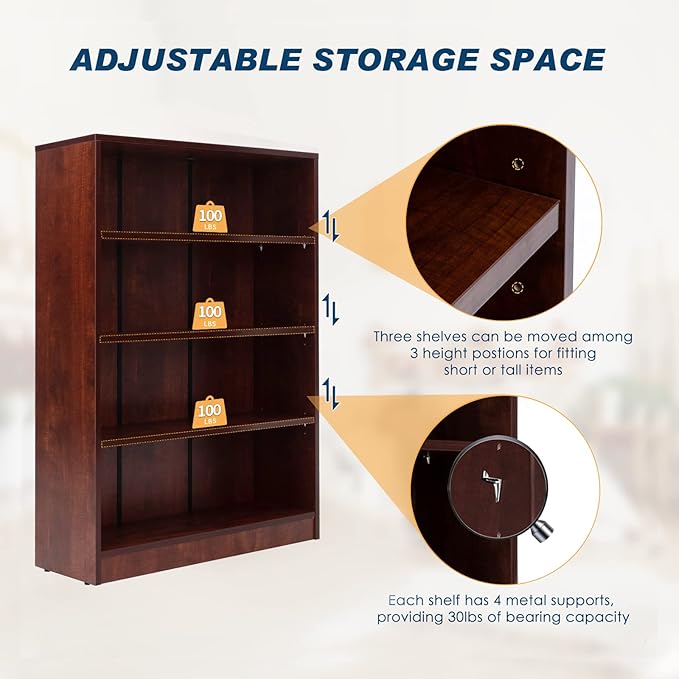 Farini Cherry Bookshelf for Bedroom 4 Shelf Office Bookcase 48 Inches Tall Modern Wood Bookshelf for Living Room 4 Tier Wide Manga Books