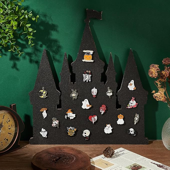 BENECREAT Black Castle Pin Board Cork Board, 14.2x11.8Inch Bulletin Display Board Wall Mounted Cork Board for Brooch Pin Collection Display, Office Home and School Decor