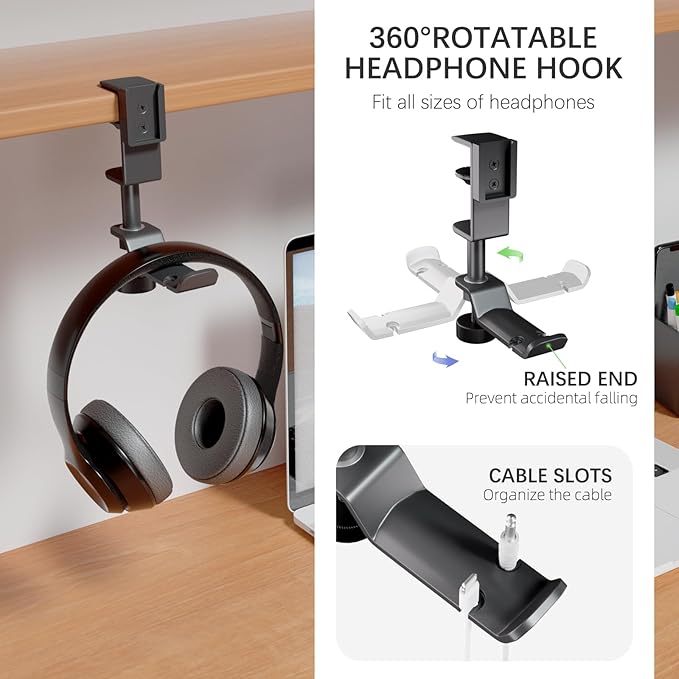 5 in 1 Desk Pencil Holder - Clamp on Under Desk Headphone Hanger - Rotating Headphone Holder Detachable Pen Holder Desktop Storage
