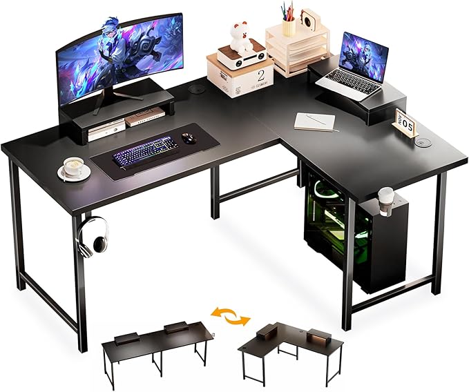 COMHOMA 57" L Shaped Desk with 2 Monitor Stand, Reversible Computer Desk Corner Desks Gaming Desk PC Table, Large Work Workstation for Gaming Writing Study, Black