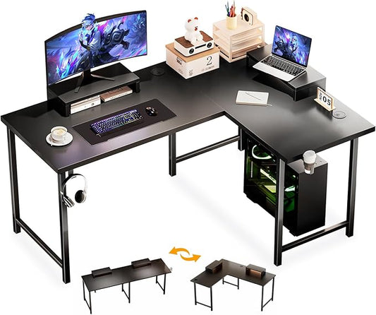 COMHOMA 57" L Shaped Desk with 2 Monitor Stand, Reversible Computer Desk Corner Desks Gaming Desk PC Table, Large Work Workstation for Gaming Writing Study, Black
