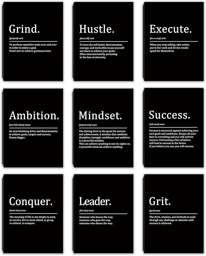 COSCTOR Set of 9 Motivational Wall Art Decor Inspirational Posters Quotes Framed Canvas Pictures Grind Hustle Execute for Workplace Office Garage Gym Classroom Bedroom(Framed,12x16)