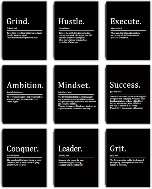 COSCTOR Set of 9 Motivational Wall Art Decor Inspirational Posters Quotes Framed Canvas Pictures Grind Hustle Execute for Workplace Office Garage Gym Classroom Bedroom(Framed,12x16)
