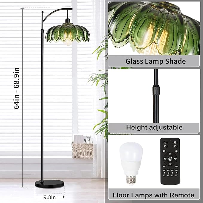 Gold Floor Lamp for Living Room,Bedroom,Standing Lamp with Remote Dimmable Brass Tall Lamp Vintage Retro Mid Century Modern Floor Lamps Arc Green Glass Flower Lamp Floor Light Boho Bohemian